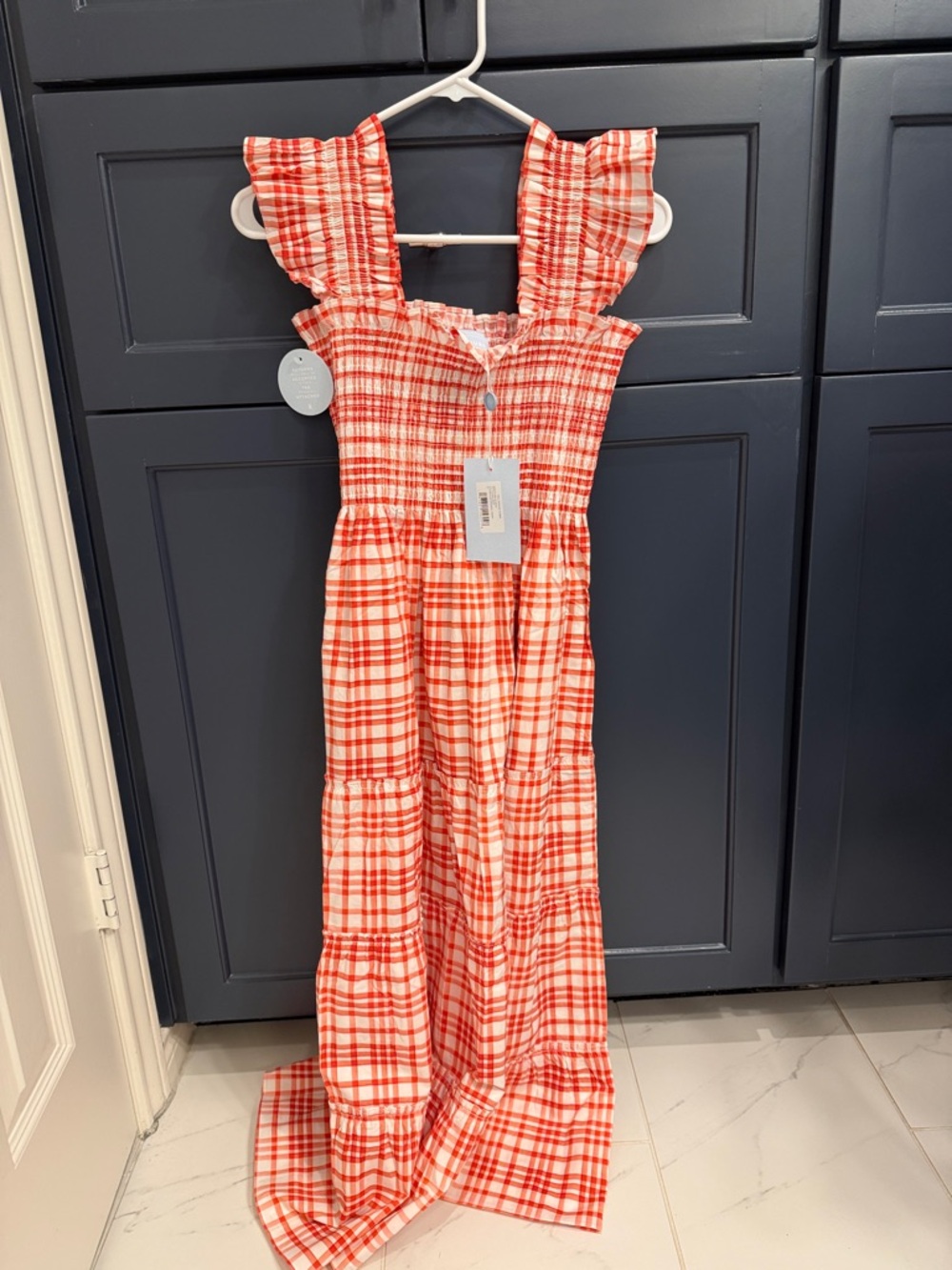Hill House Coral and White Plaid Ruffle Strap Dress